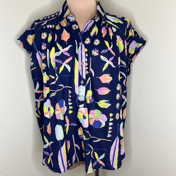 Anthropologie x Luke John Matthew Blossom Surf Top Small Half Button Boxy Blue - Picture 2 of 9
